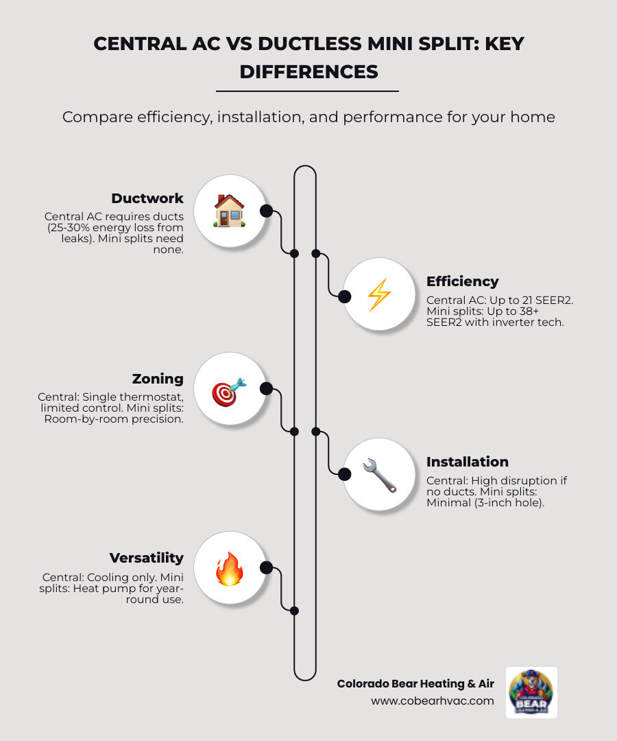 central AC vs ductless mini split comparison infographic showing key differences in efficiency, zoning, cost, and central AC vs ductless mini split comparison infographic showing key differences in efficiency, zoning, cost, and