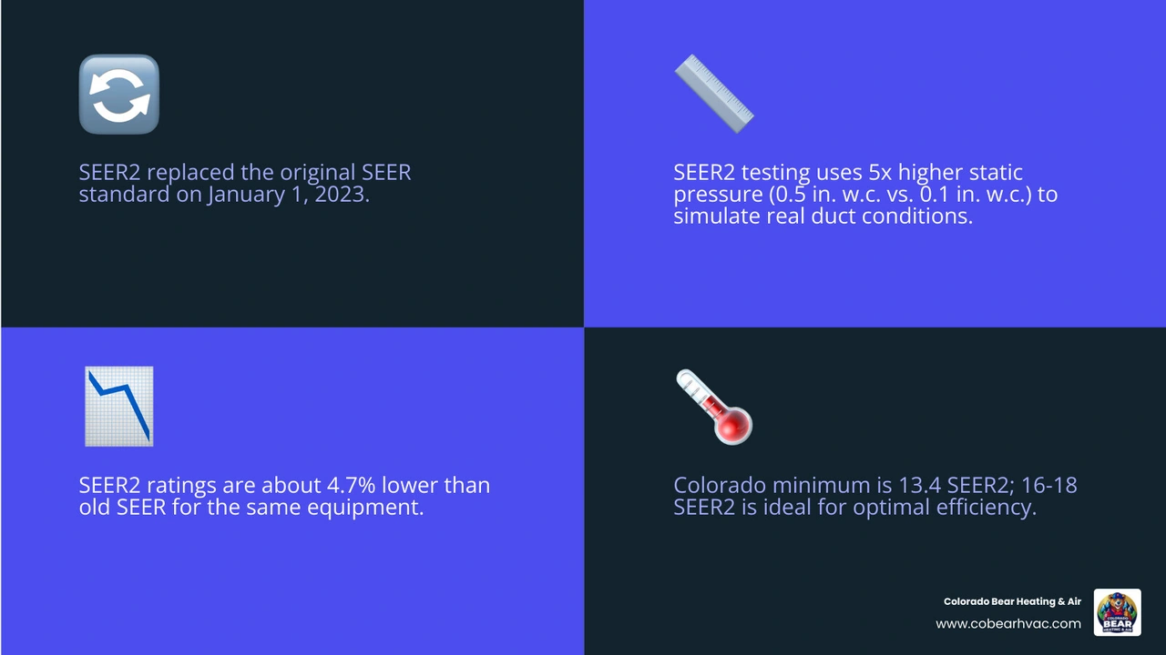 Infographic showing SEER vs SEER2 transition testing pressure changes and regional minimum ratings - understanding seer2 Infographic showing SEER vs SEER2 transition testing pressure changes and regional minimum ratings - understanding seer2