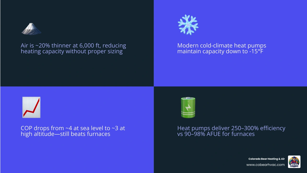 Infographic showing heat pump efficiency at high altitude vs sea level COP ratings backup heat thresholds and air density