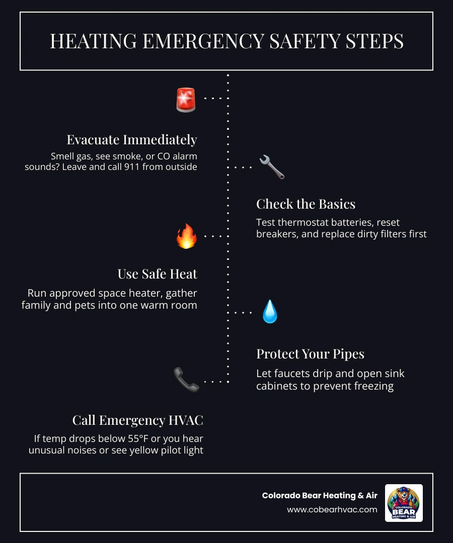 5-step infographic for heating emergency safety: evacuate gas leaks, check basics, use safe heat, protect pipes, call HVAC 5-step infographic for heating emergency safety: evacuate gas leaks, check basics, use safe heat, protect pipes, call HVAC