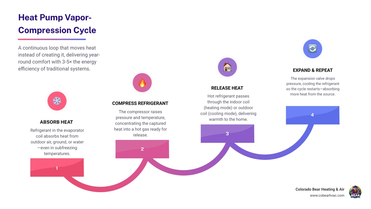 Infographic showing the heat pump vapor-compression cycle: refrigerant absorbs heat at evaporator, compressor raises Infographic showing the heat pump vapor-compression cycle: refrigerant absorbs heat at evaporator, compressor raises