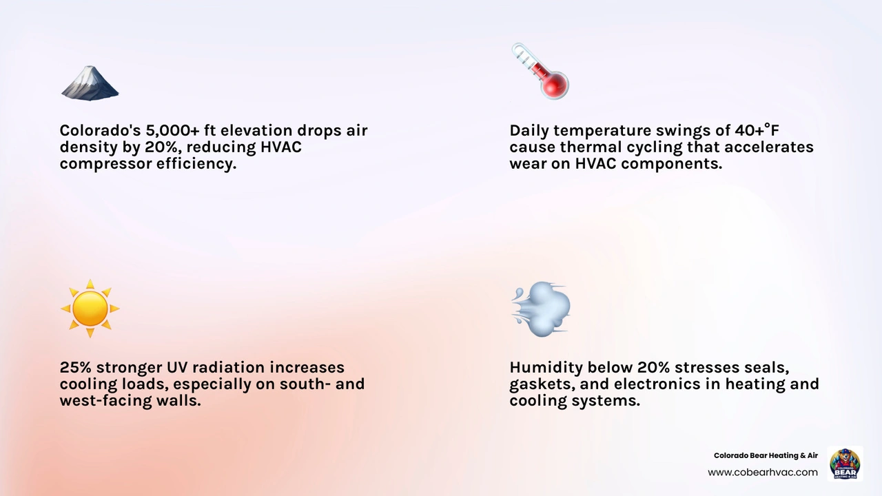 Infographic showing how Colorado's 5,000+ foot elevation impacts HVAC efficiency, temperature swings, air density, and dry Infographic showing how Colorado's 5,000+ foot elevation impacts HVAC efficiency, temperature swings, air density, and dry