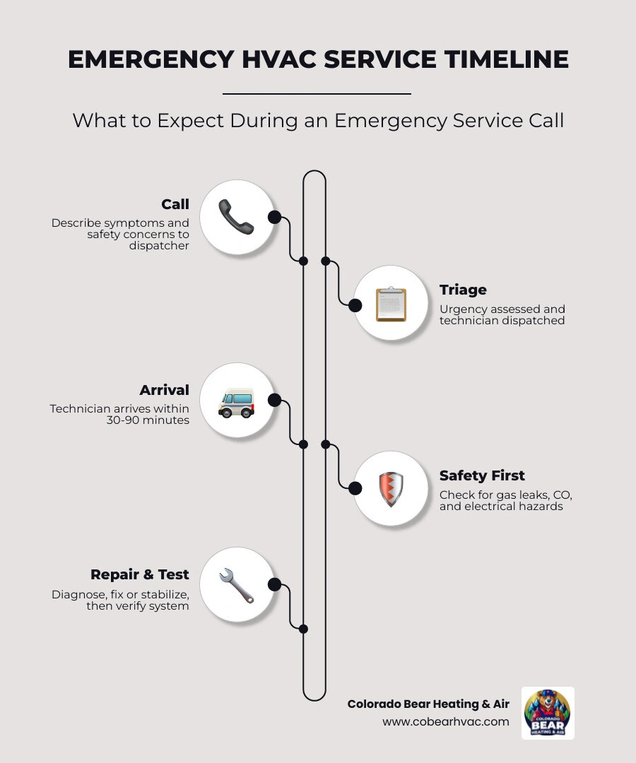 Emergency service call timeline infographic showing steps from initial call to post-repair testing infographic