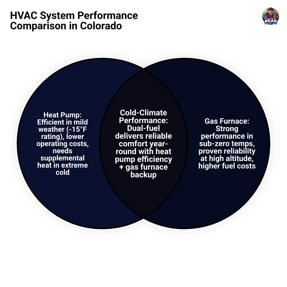 Infographic comparing heat pump vs gas furnace vs dual-fuel system performance in Colorado's high-altitude climate Infographic comparing heat pump vs gas furnace vs dual-fuel system performance in Colorado's high-altitude climate