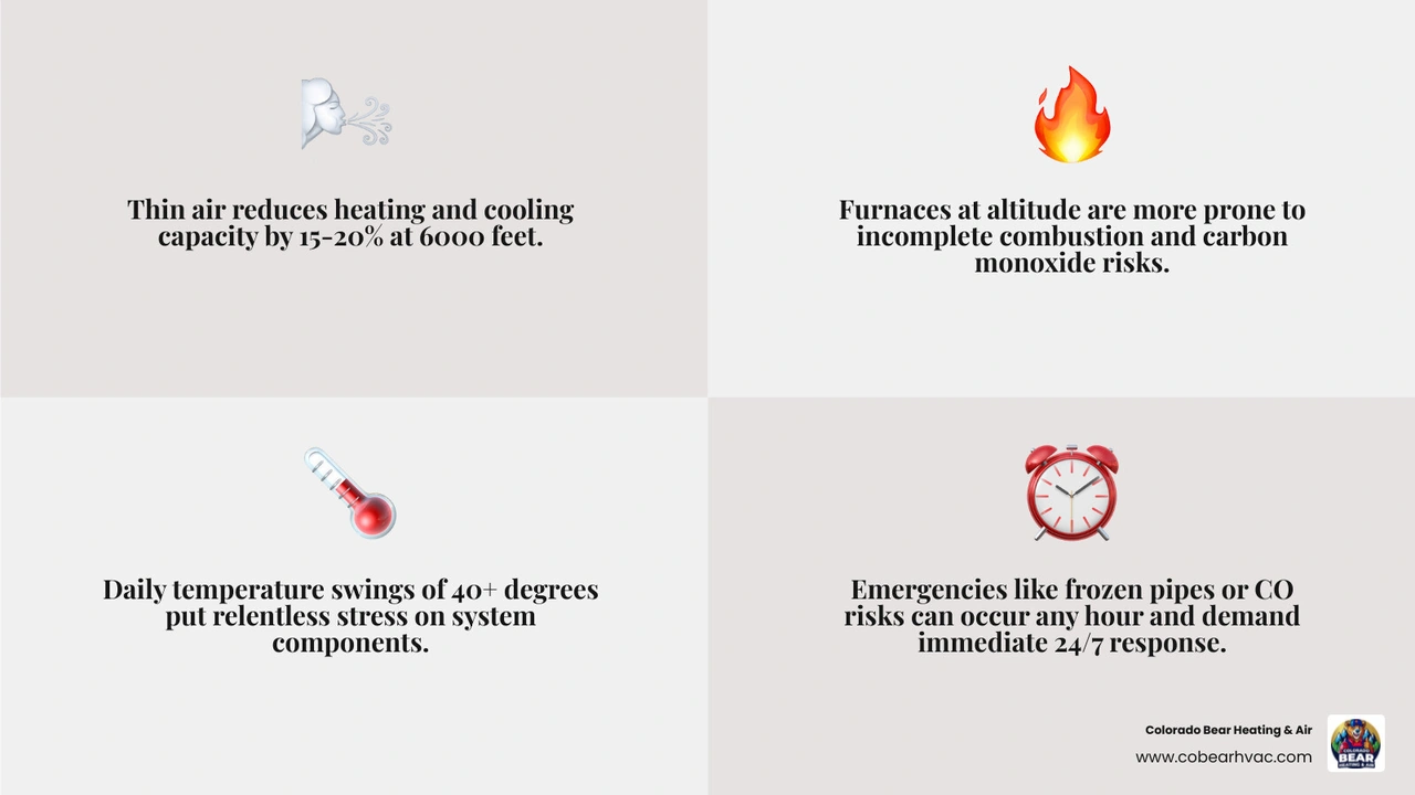 Infographic showing high-altitude HVAC challenges: reduced air density, combustion risks, temperature swings, 24/7 repair