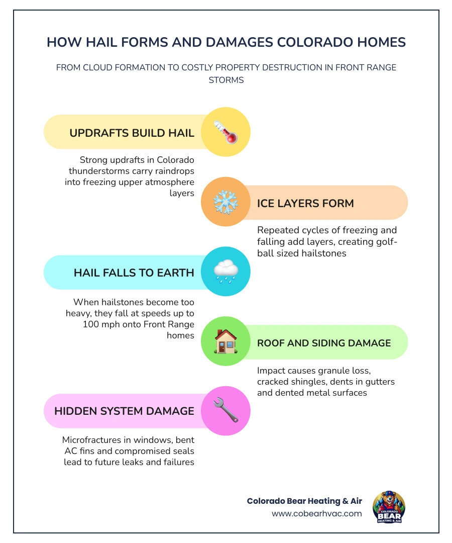 Infographic showing how hail forms in Colorado thunderstorms and the types of home damage it causes infographic Infographic showing how hail forms in Colorado thunderstorms and the types of home damage it causes infographic