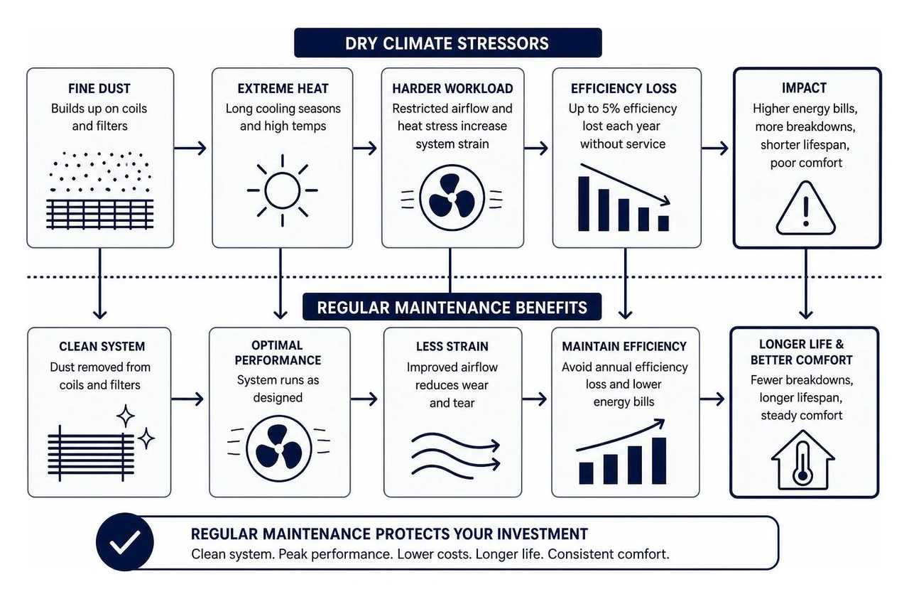 Infographic showing dry climate HVAC stressors and maintenance benefits including dust, heat, efficiency loss, and lifespan Infographic showing dry climate HVAC stressors and maintenance benefits including dust, heat, efficiency loss, and lifespan
