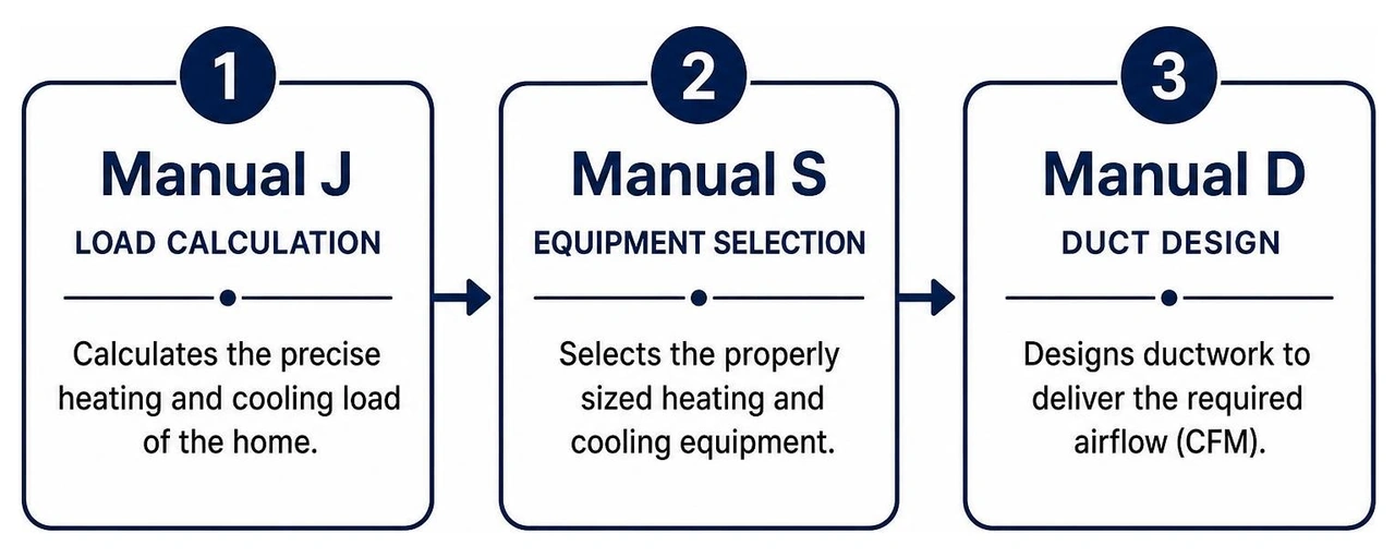 Diagram showing the sequential relationship between Manual J load calculation, Manual S equipment selection, and Manual D Diagram showing the sequential relationship between Manual J load calculation, Manual S equipment selection, and Manual D