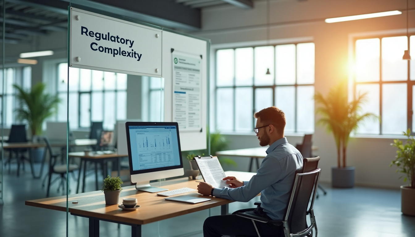 Analyst in office with Regulatory Complexity text on whiteboard