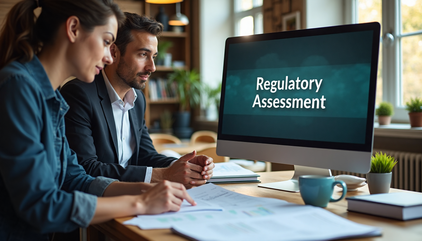 Professionals review trade documents with 'Regulatory Assessment' on monitor