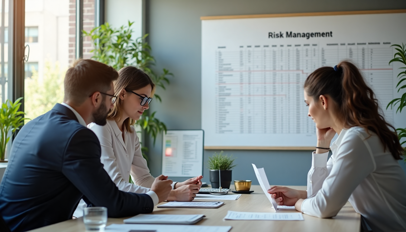 Employees reviewing compliance risk management chart in sunlit office