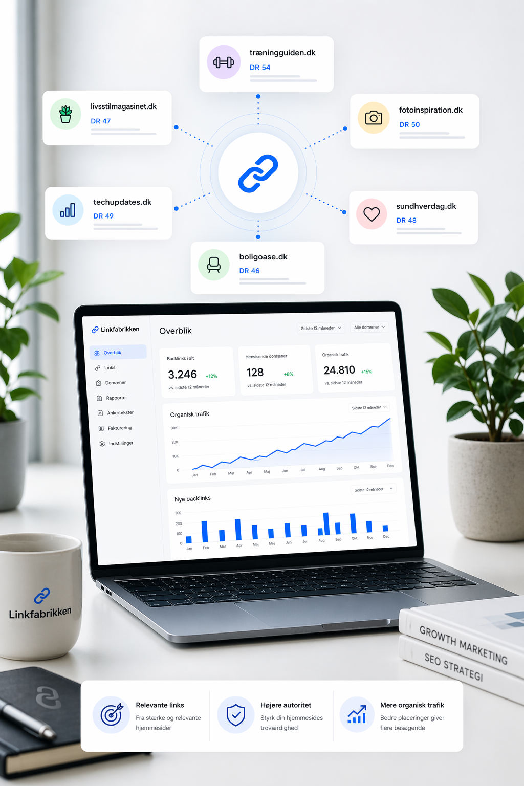SEO dashboard der viser vækst i backlinks og organisk trafik