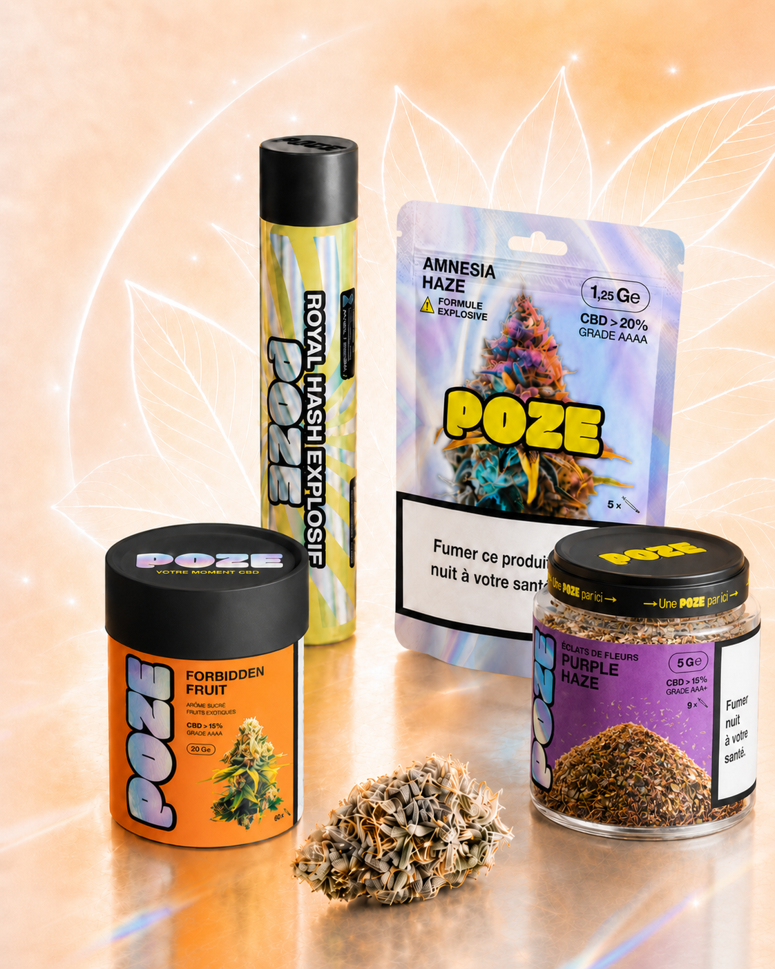 Sachets, pots et prérolls POZE dans une mise en scène premium