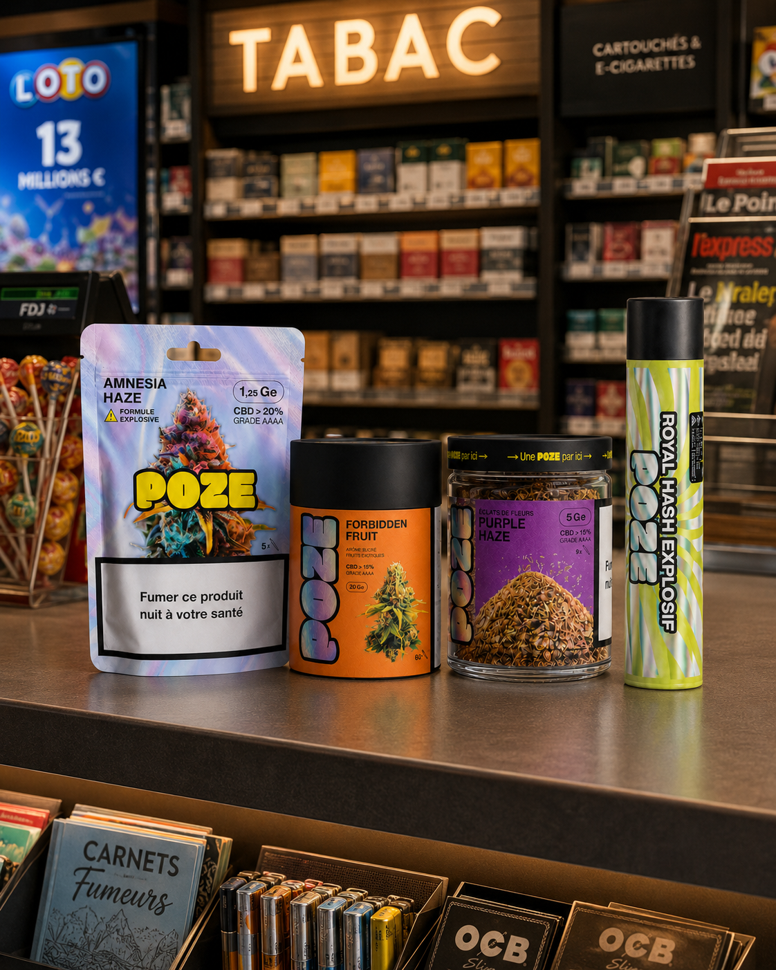 Produits POZE présentés dans un bureau de tabac