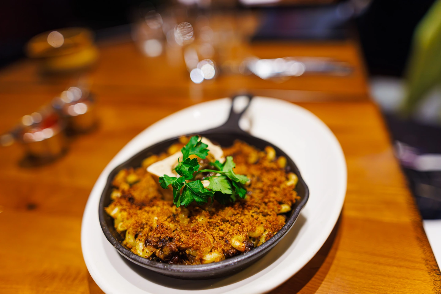Pasta dish served in a cast iron skillet