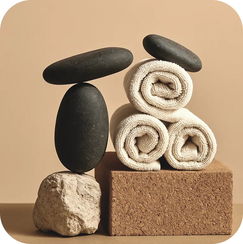 Pierres chaudes et serviettes roulées, composition zen illustrant les soins de massage Shinzui à Bruxelles.