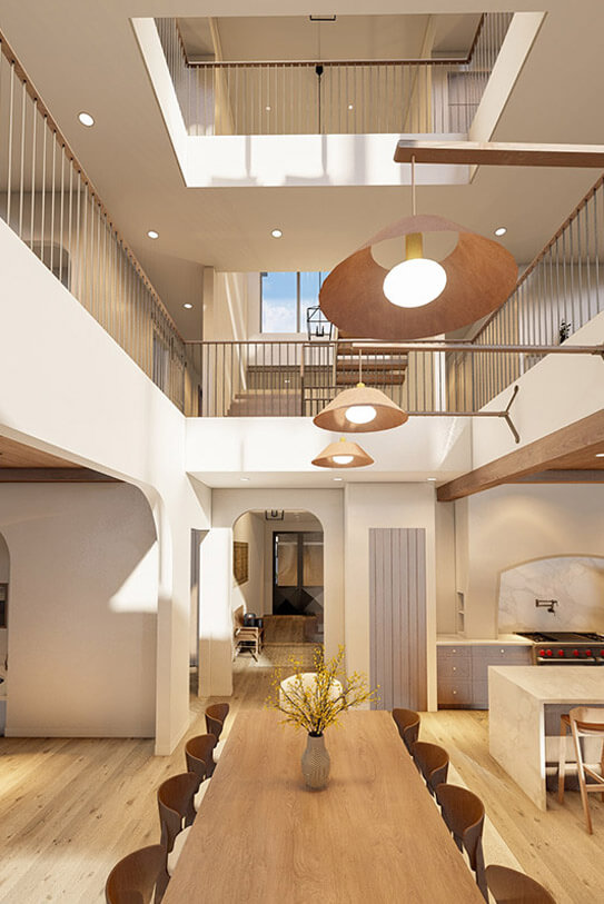 Photo of a kitchen table with three modern lights overhead