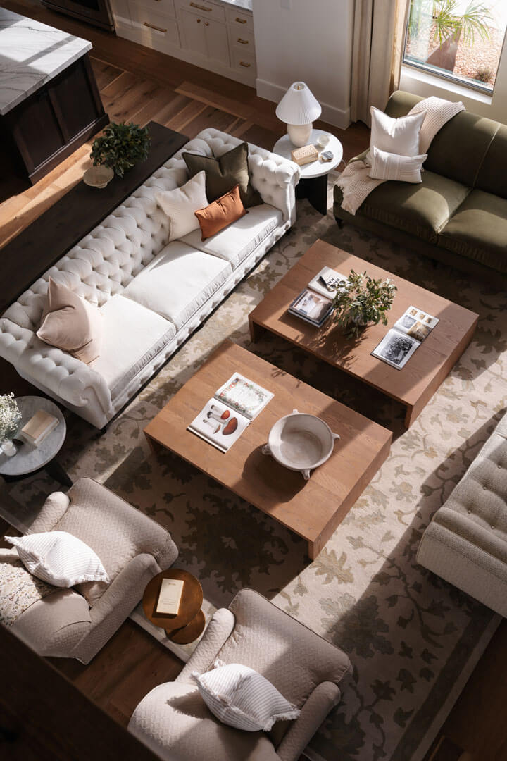 Overhead photo of living room with two coffee tables