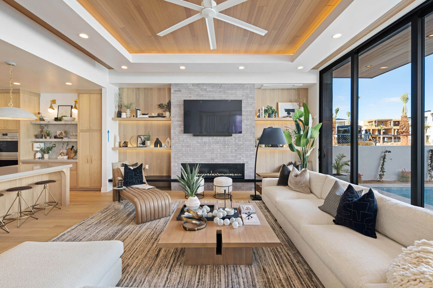 Photo of modern light living room with fireplace