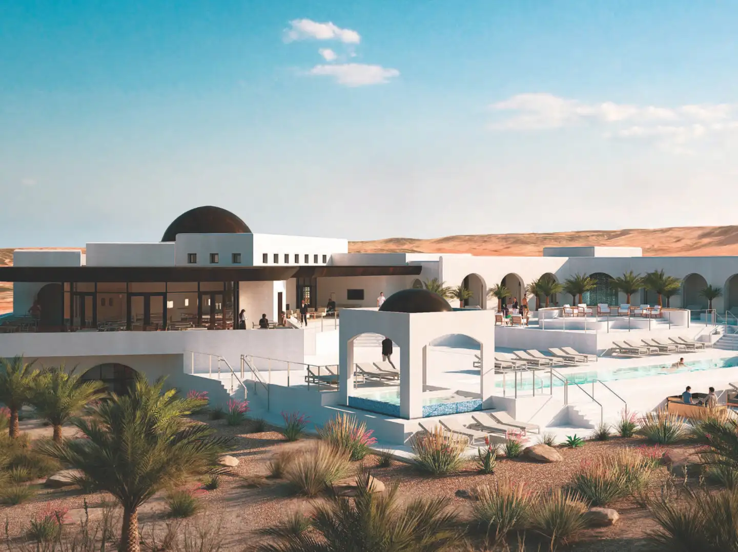 Rendering of a white Mediterranean-style clubhouse with arched openings, resort pool, palm trees, and surrounding sand dunes.
