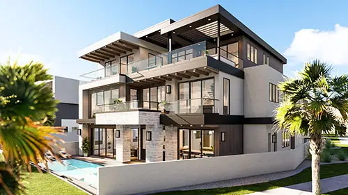 Modern three-story house with large glass windows, balconies, and a swimming pool surrounded by palm trees.
