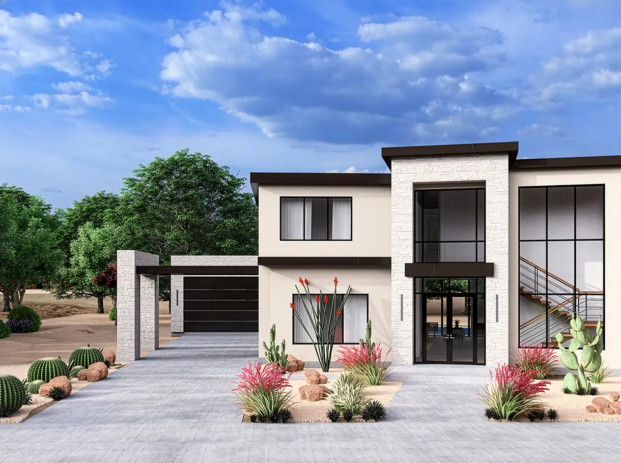 Rendering of a modern two-story home with a stone entry and desert landscaping