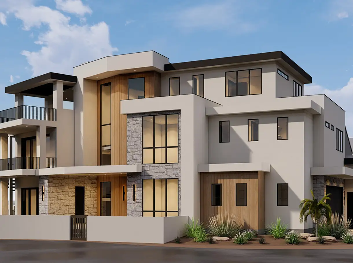 Rendering of a modern three-story home with wood, stone, and stucco accents
