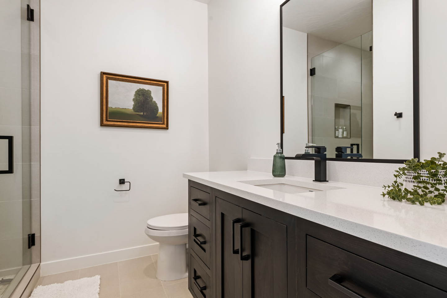 Modern bathroom with a dark wood shaker-style vanity topped with white quartz countertops, matte black fixtures and hardware, and a large black-framed rectangular mirror. A glass-enclosed shower is visible to the left, and the clean white walls are accente