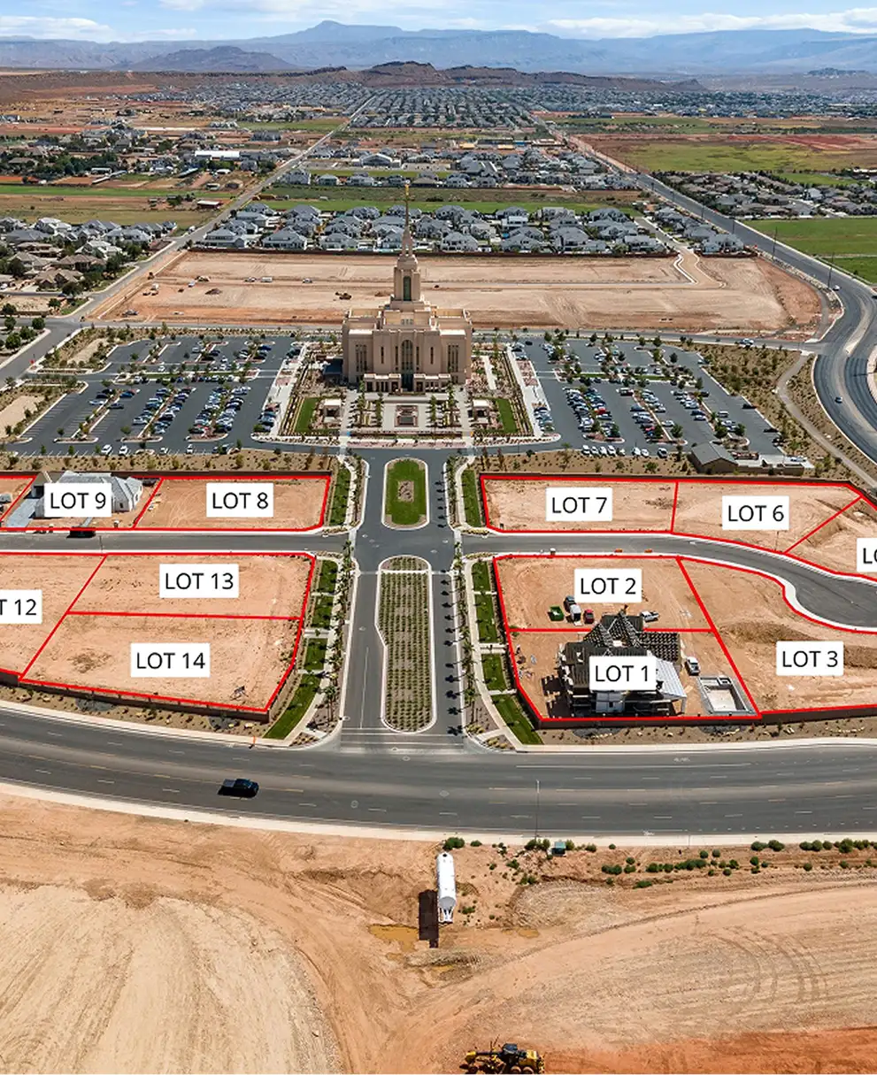 Aerial site plan of Summit View development showing 14 labeled lots adjacent to temple and community