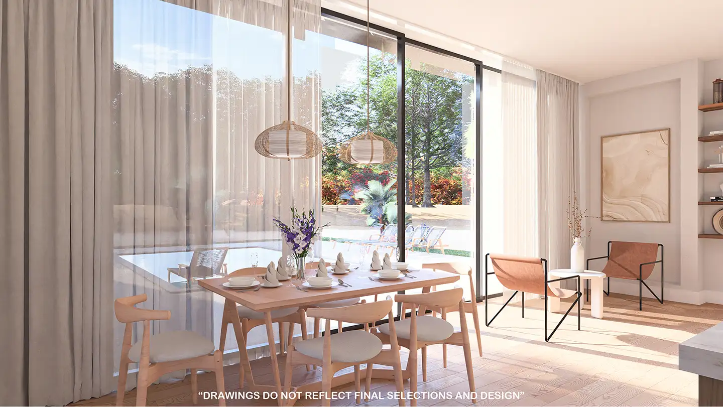 Bright dining room with floor-to-ceiling windows, wooden table, pendant light, and garden views in Solente Lot 105 Washington home render.