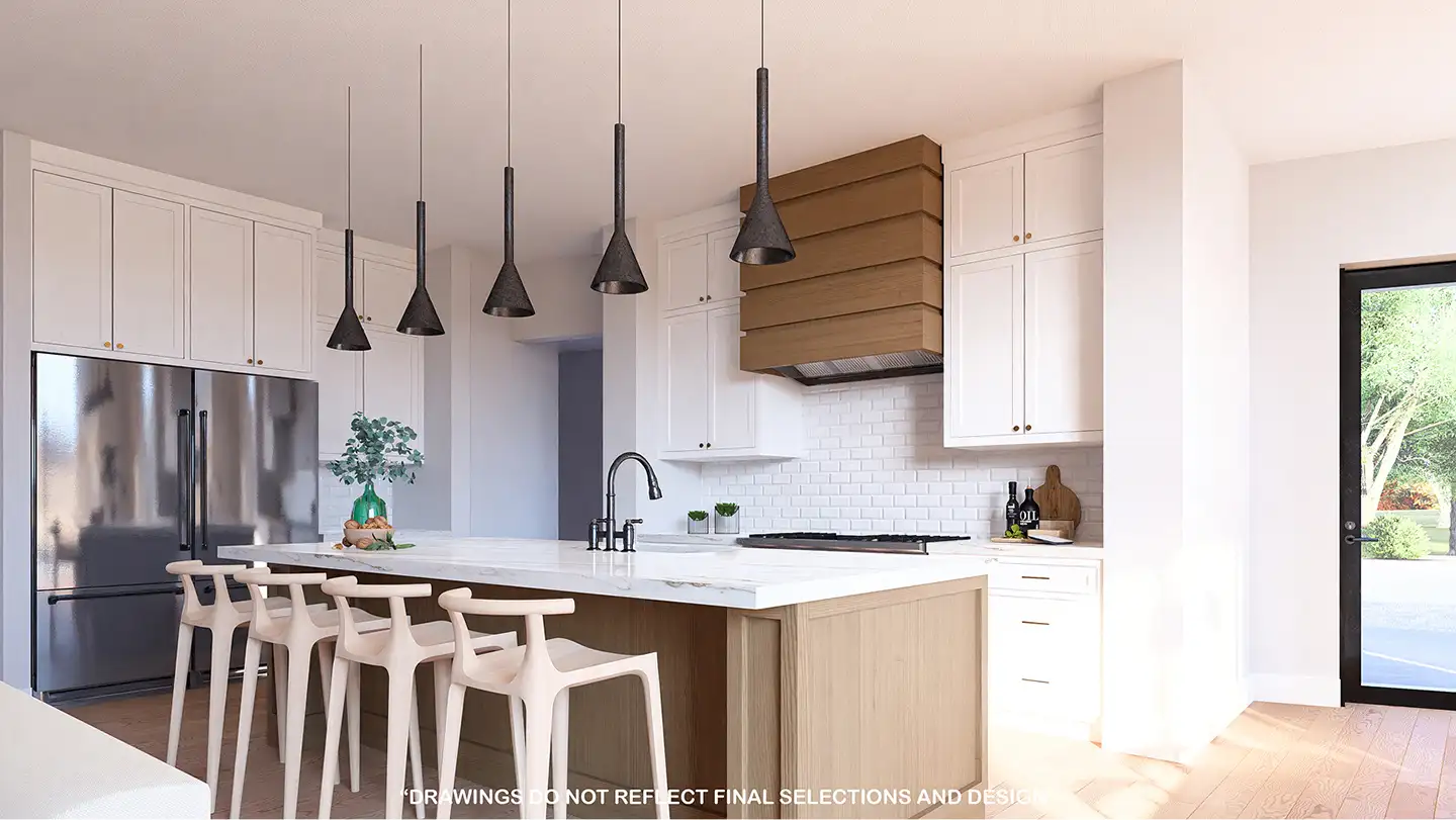 Open kitchen with white cabinets, large island with bar seating, black pendant lights, and wood range hood in Solente Lot 105 home.