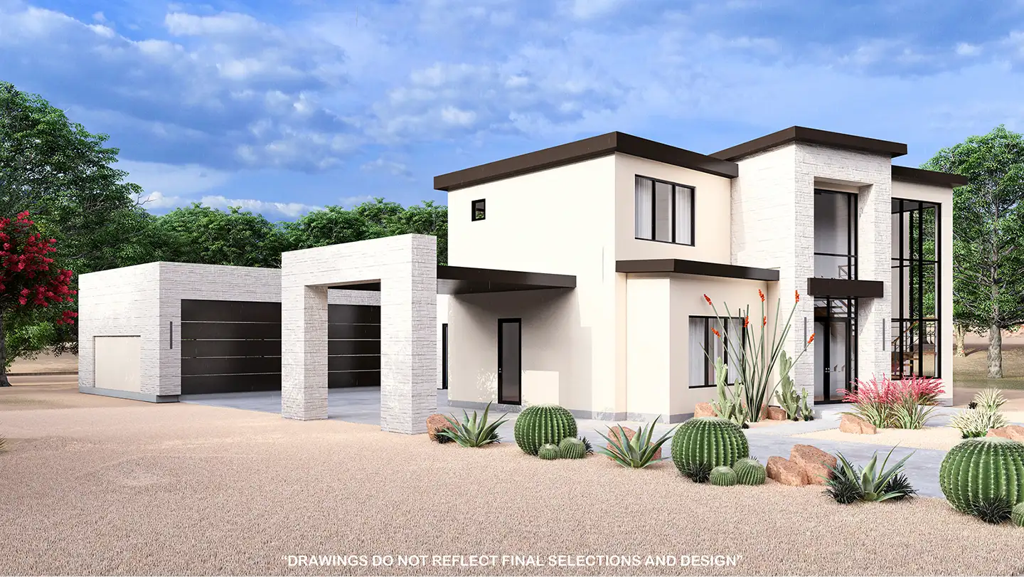 Two-story modern desert home with flat roof, stone accents, and drought-tolerant landscaping at Solente Lot 105 in Washington, Utah.