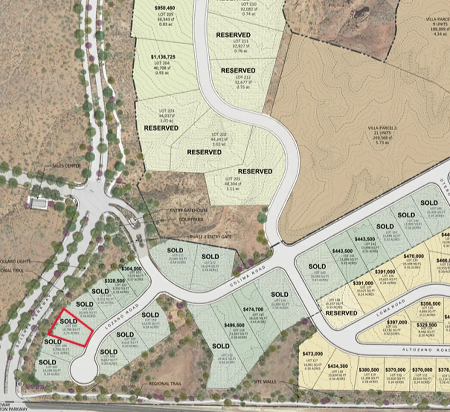 Solente Phase 1 site map showing lot availability and pricing with Lot 105 highlighted in red near the community entrance.
