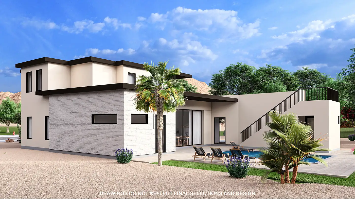 Backyard of modern home with pool, lounge chairs, palm trees, and mountain views at Solente Lot 105 in Washington, Utah.