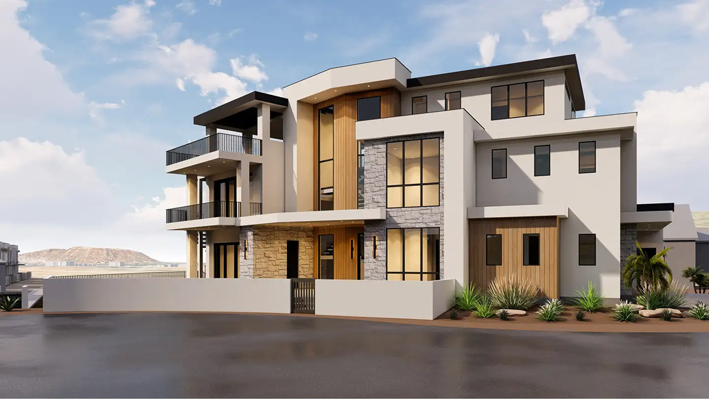 Three-story modern Plan 91 home rendering with stone and wood accent facade, stacked balconies, large windows, and desert landscaping
