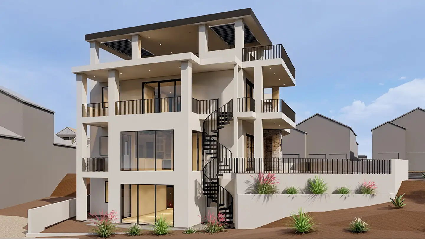 Rear elevation of Plan 92 home highlighting spiral staircase connecting three floors, covered balconies, large sliding glass doors, and desert plants