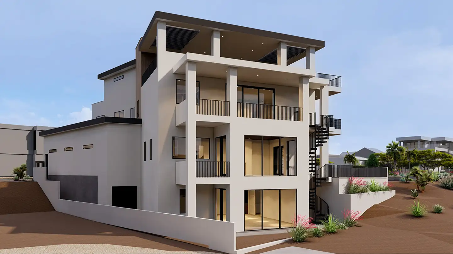 3D architectural rendering of a Cedar Pointe custom home design featuring three stories, balconies, and a rooftop deck.