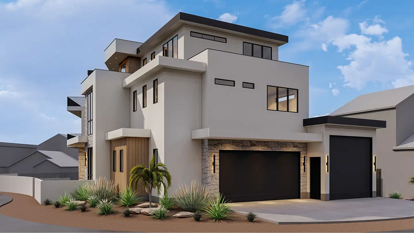 Front entry of Plan 92 home with wood-clad door, stone-framed garage, palm tree, tropical and desert landscaping, and multi-level roofline
