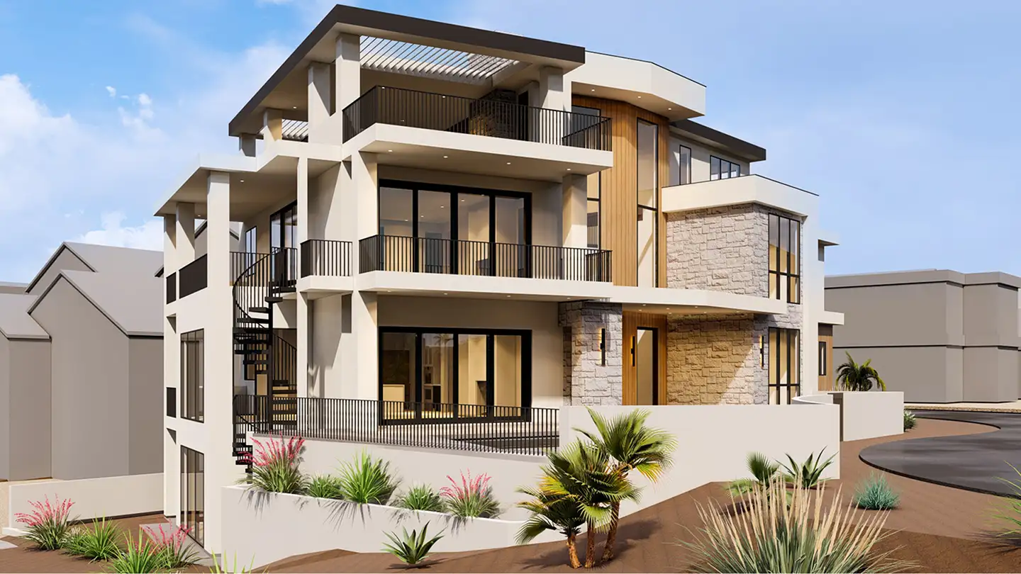 Rear left view of Plan 92 home showing three levels of balconies, spiral staircase, stone accents, palm trees, and desert landscaping