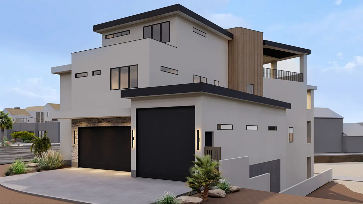 Plan 92 garage and driveway view showing dual garage doors, three-story stucco and wood exterior, stone accents, and desert-friendly plantings