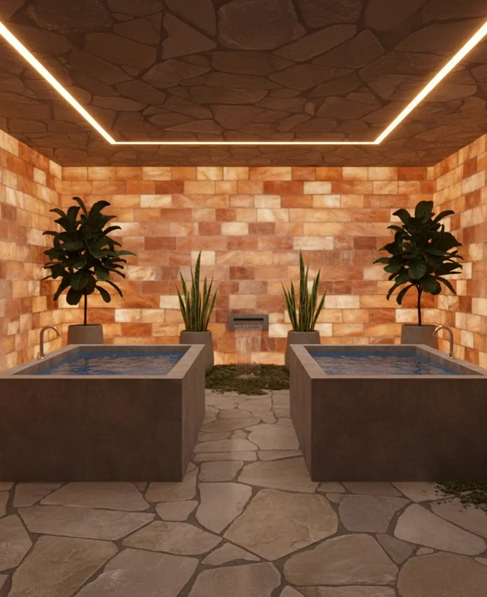 Spa retreat with glowing Himalayan salt brick walls, twin concrete soaking tubs, stone floor, and tropical plants