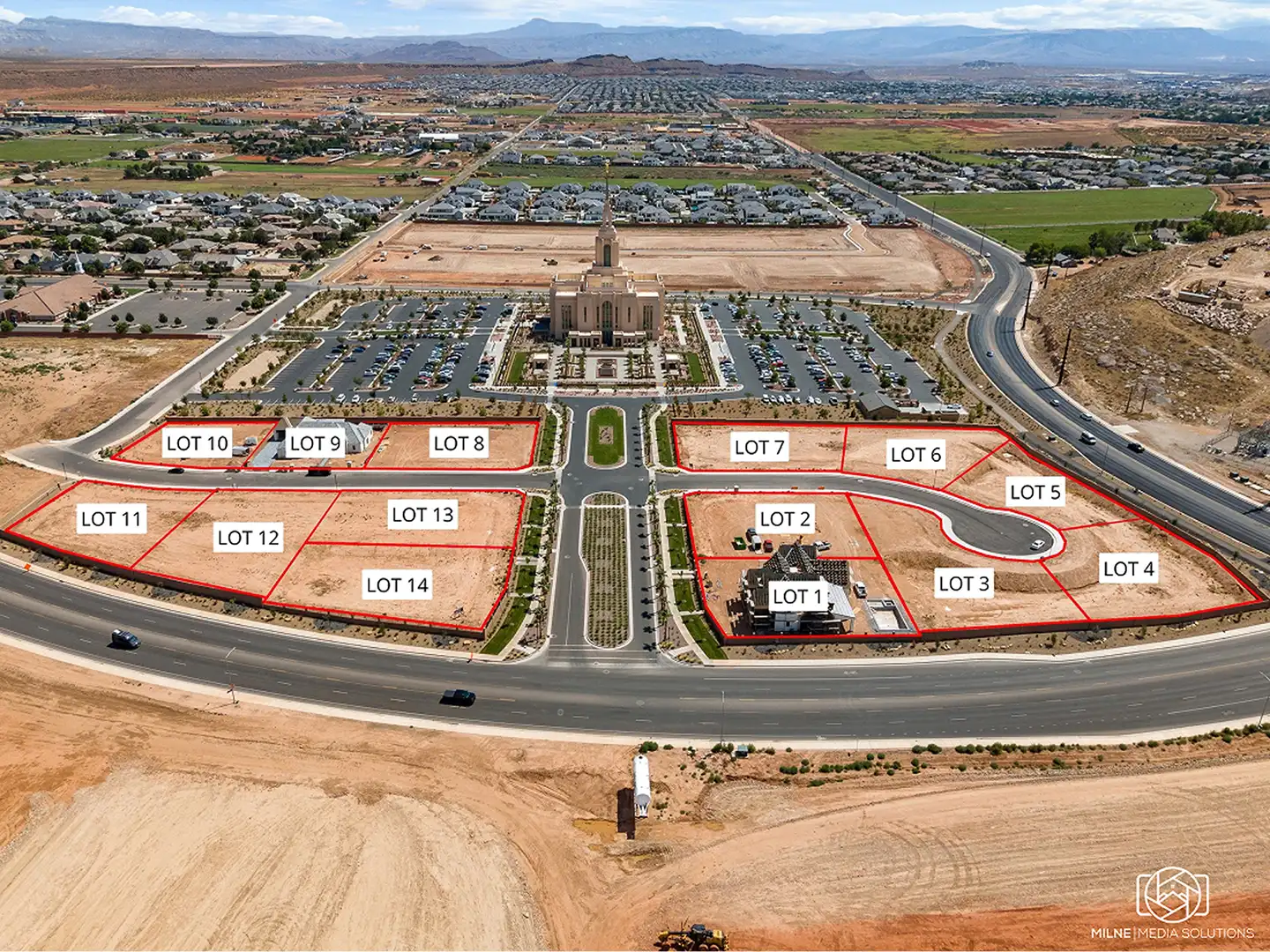 Aerial view of the Summit View community site plan showing numbered residential lots near the temple