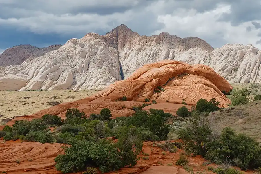 Dramatic red and orange sandstone rock formations with green desert brush and white cliffs under a cloudy sky