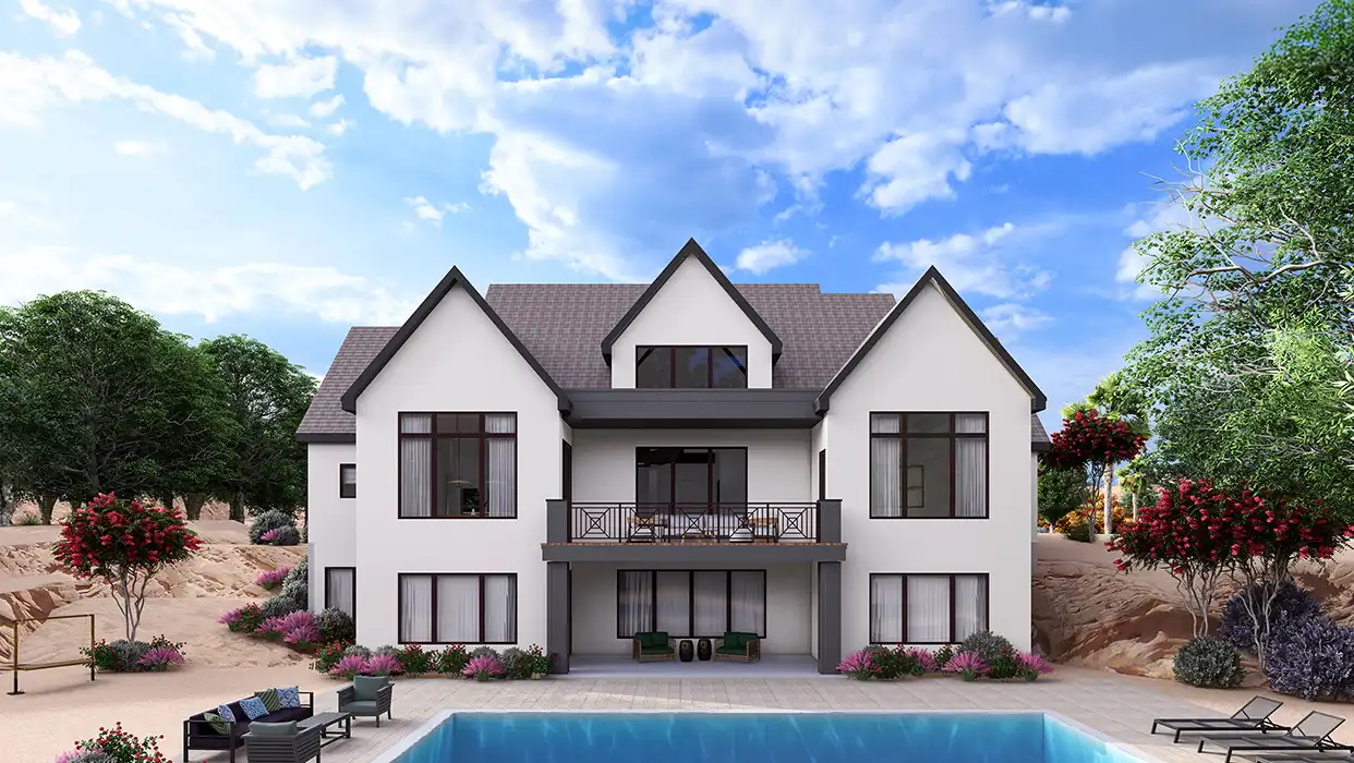 3D rendering of a modern farmhouse rear exterior with a pool, patio lounge furniture, and lush desert landscaping