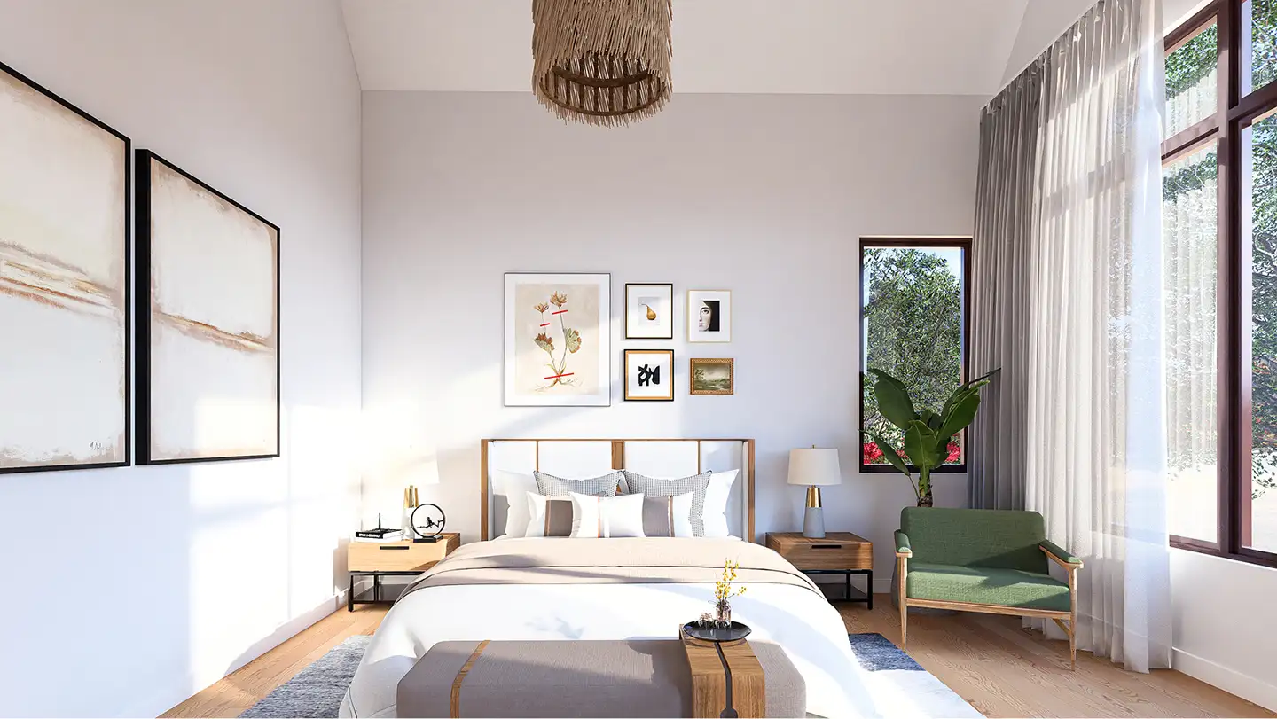 3D rendering of a bright modern bedroom with a curated gallery wall, natural wood furniture, and floor-to-ceiling windows