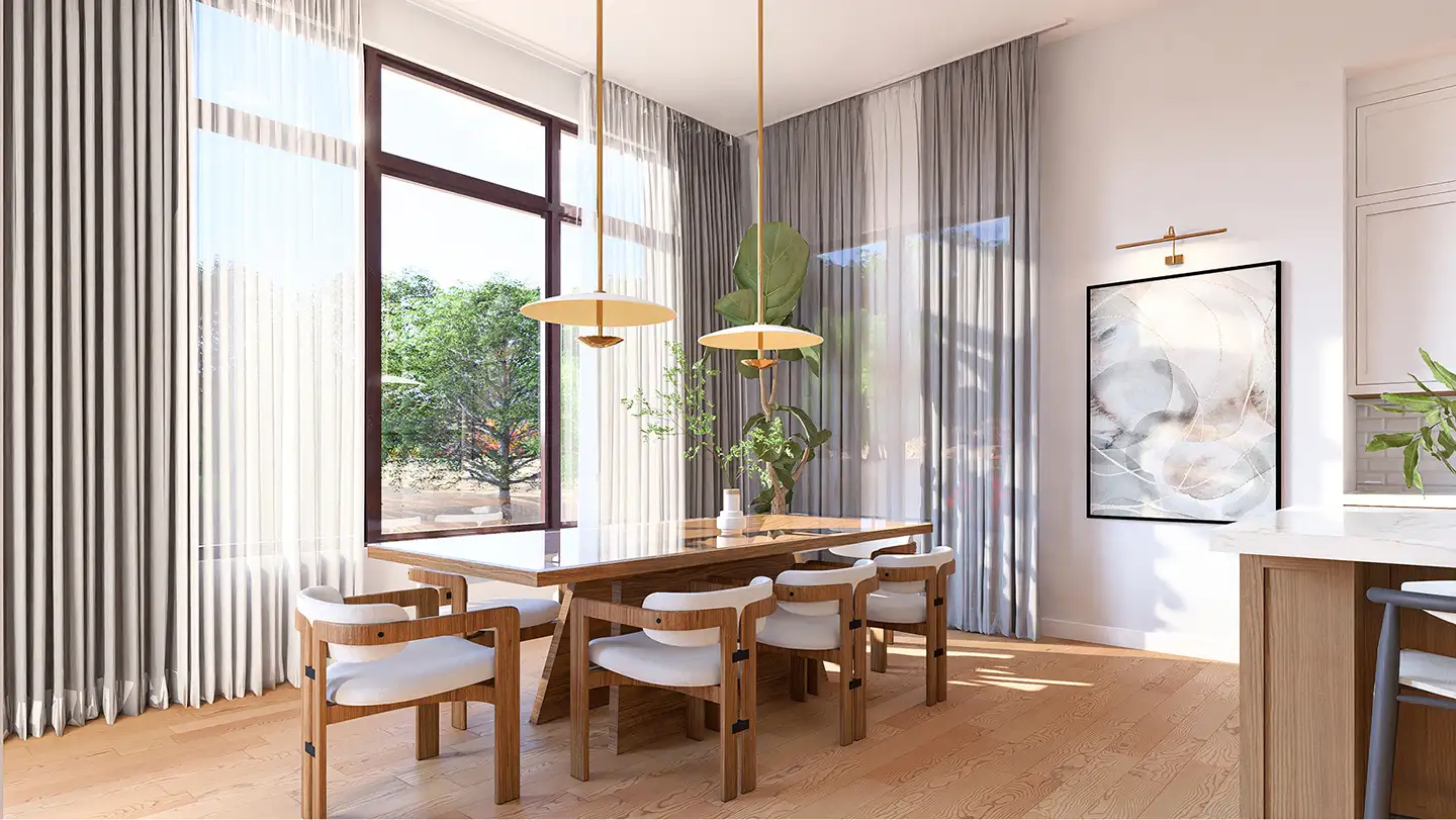 3D rendering of a modern dining room with a wood table, brass pendant lights, and large windows overlooking natural scenery