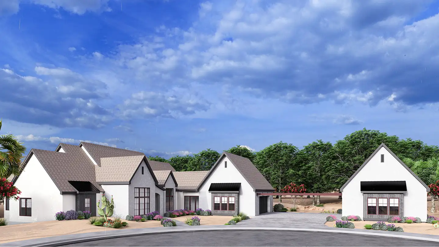 3D rendering of a modern farmhouse front view featuring a circular driveway, attached garage, and manicured desert yard