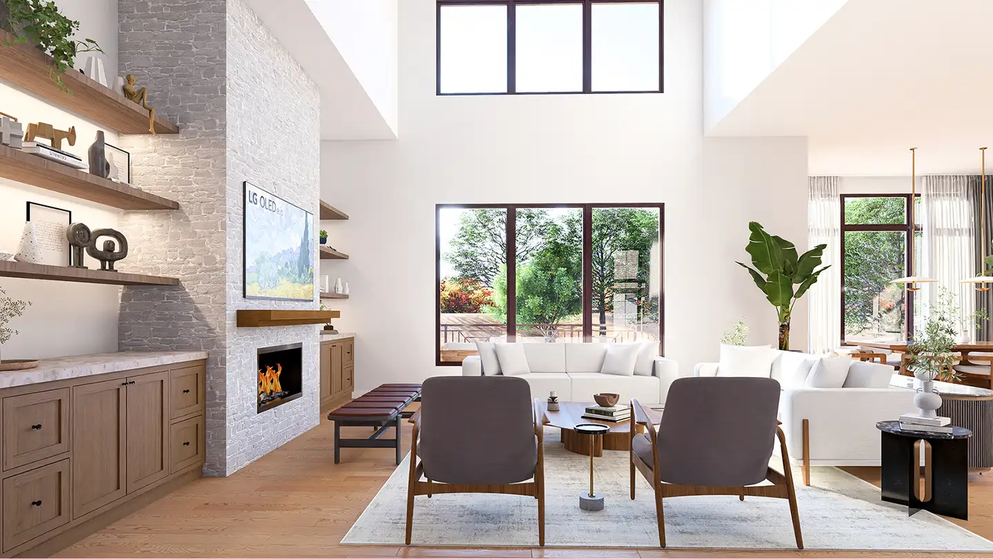 3D rendering of an open-concept great room with vaulted ceilings, a stone fireplace with floating shelves, and garden views