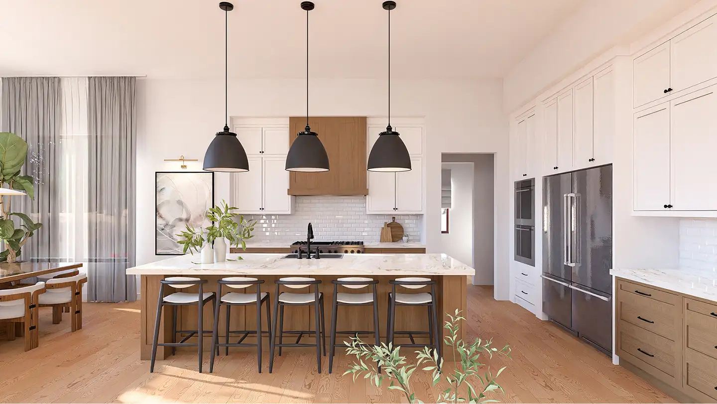 3D rendering of a modern kitchen with a large wood-accented island, black dome pendant lights, and white cabinetry
