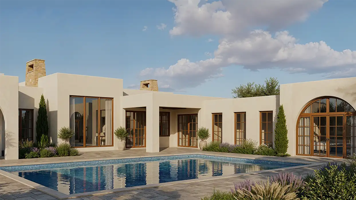 Wide 3D rendering of a Mediterranean-style stucco home with arched windows, stone accents, and a sparkling blue pool